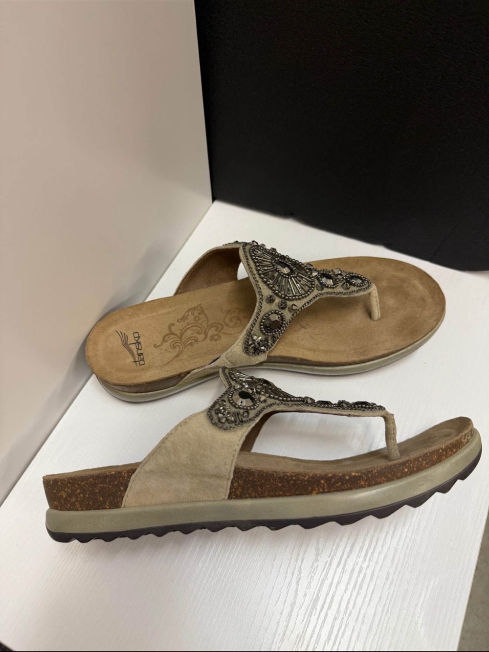 Dansko Taupe Beaded Wedge Thong Sandals